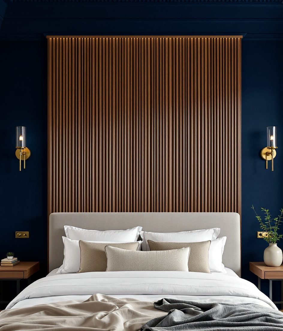 Reeded Wood Wall Panel — Navy Wall