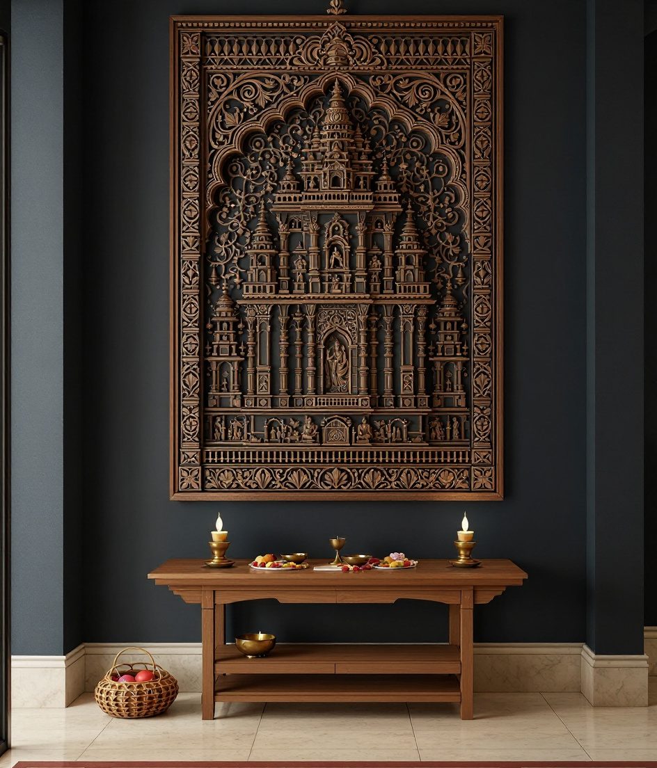 Temple Motif Wood Wall Panel — Charcoal Wall