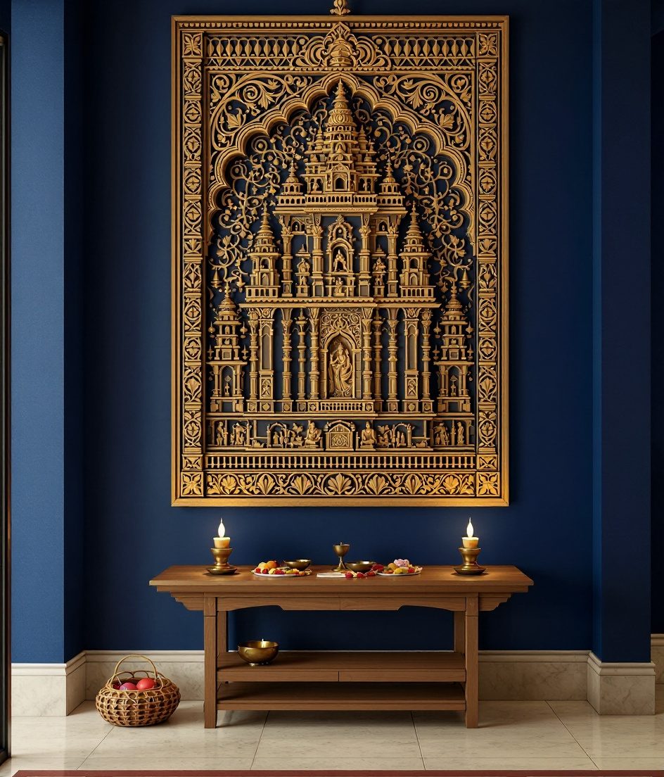 Temple Motif Wood Wall Panel — Navy Wall