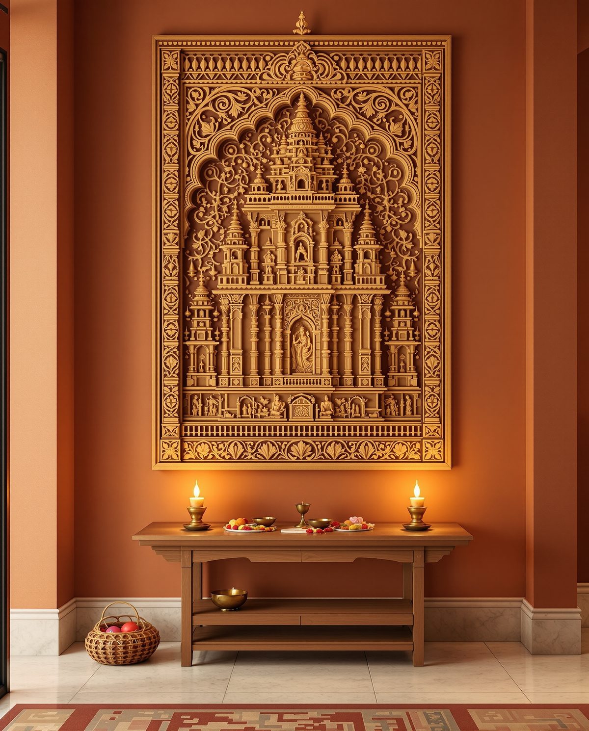 Temple Motif Wood Wall Panel — Terracotta Wall