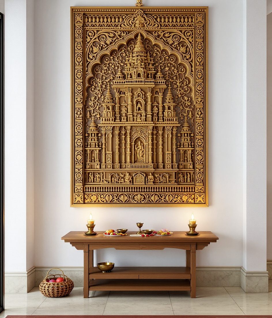 Temple Motif Wood Wall Panel — Warm White Wall
