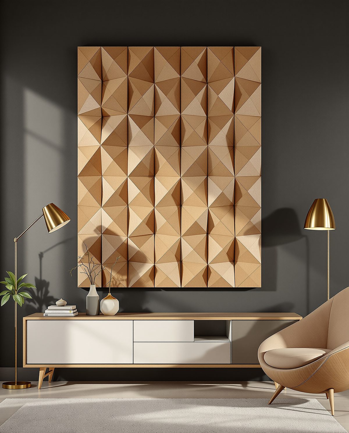 3D Geometric Wood Wall Panel — Charcoal Wall