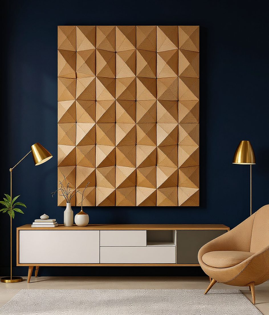 3D Geometric Wood Wall Panel — Navy Wall