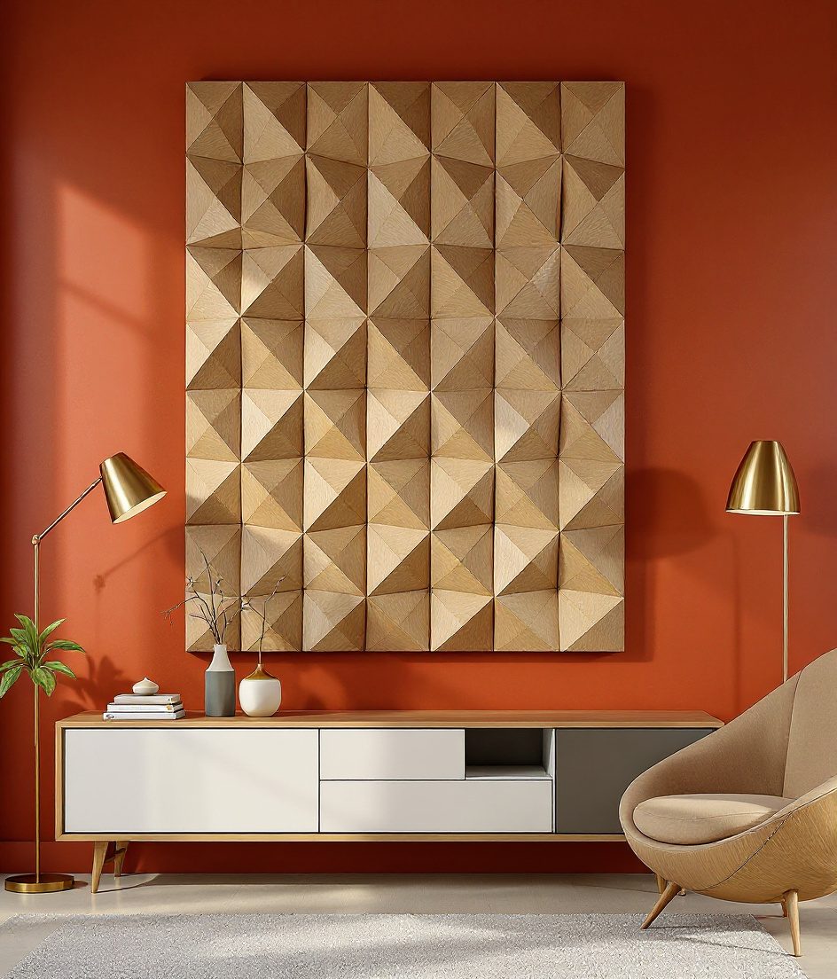 3D Geometric Wood Wall Panel — Terracotta Wall