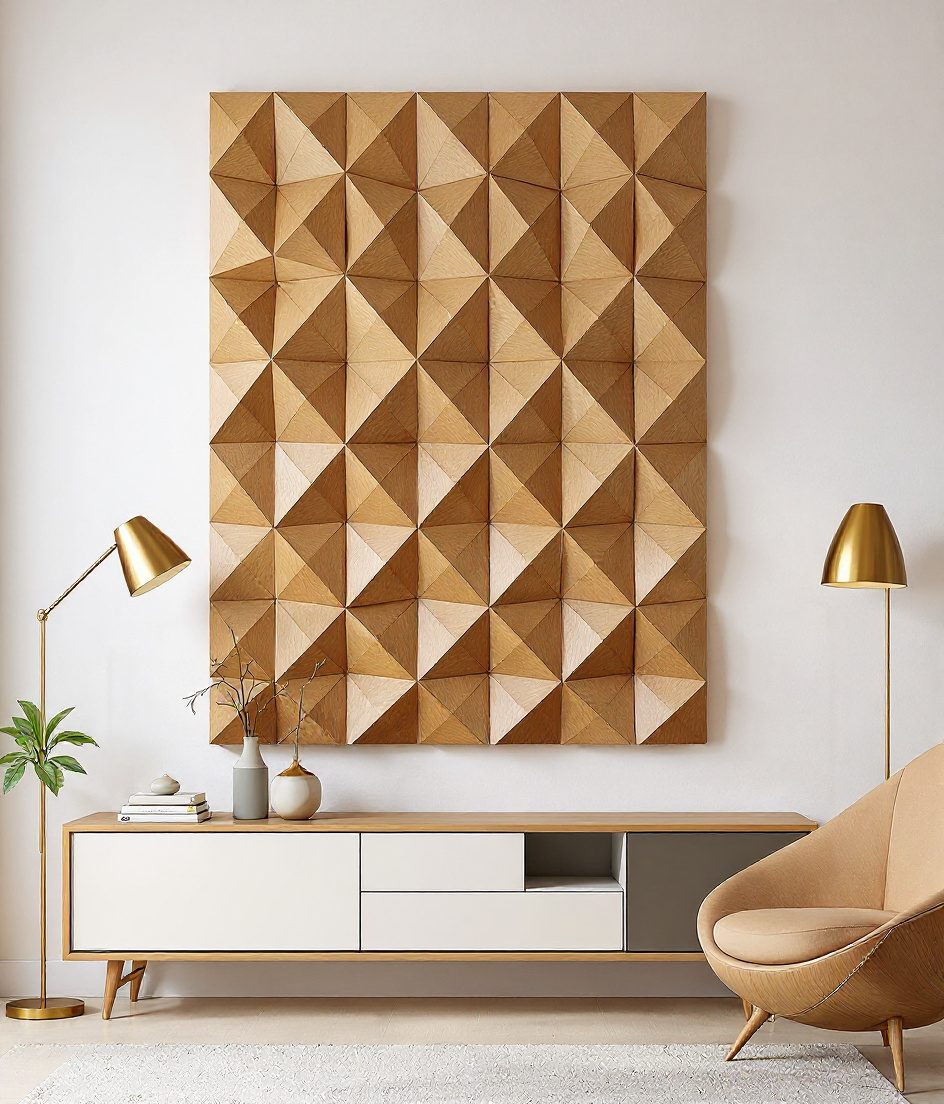 3D Geometric Wood Wall Panel — Warm White Wall