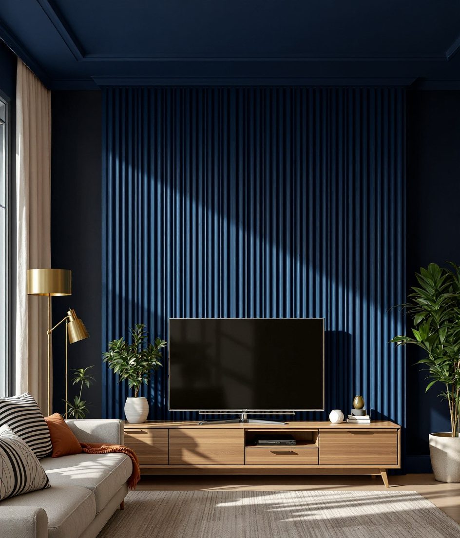 Vertical Fluted Wood Wall Panel — Navy Wall