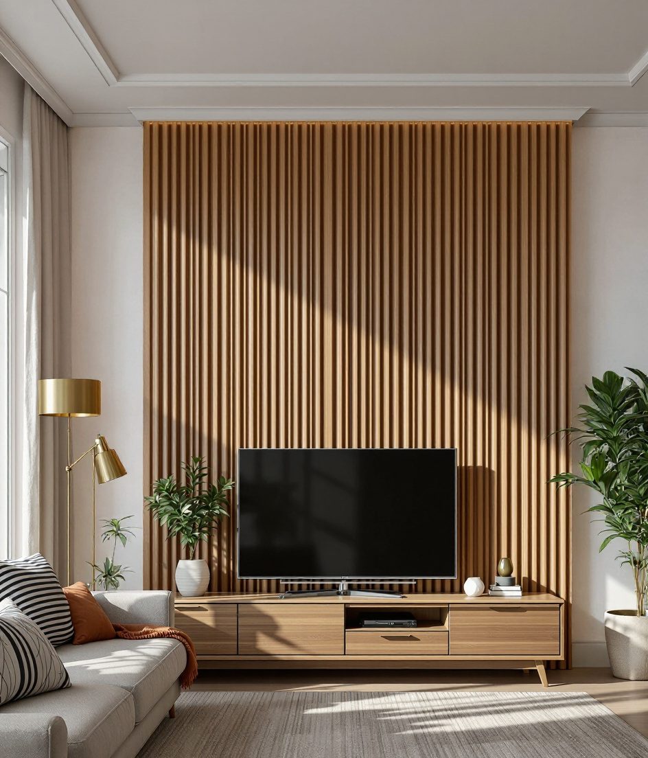 Vertical Fluted Wood Wall Panel — Warm White Wall