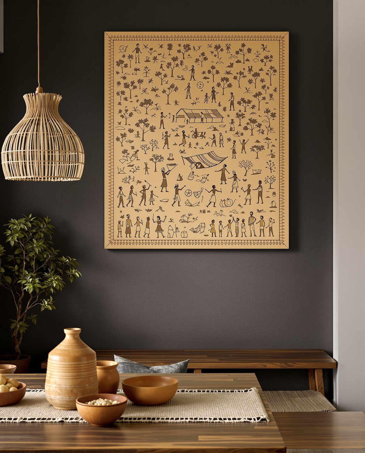 Warli Tribal Carved Wood Wall Panel — Charcoal Wall