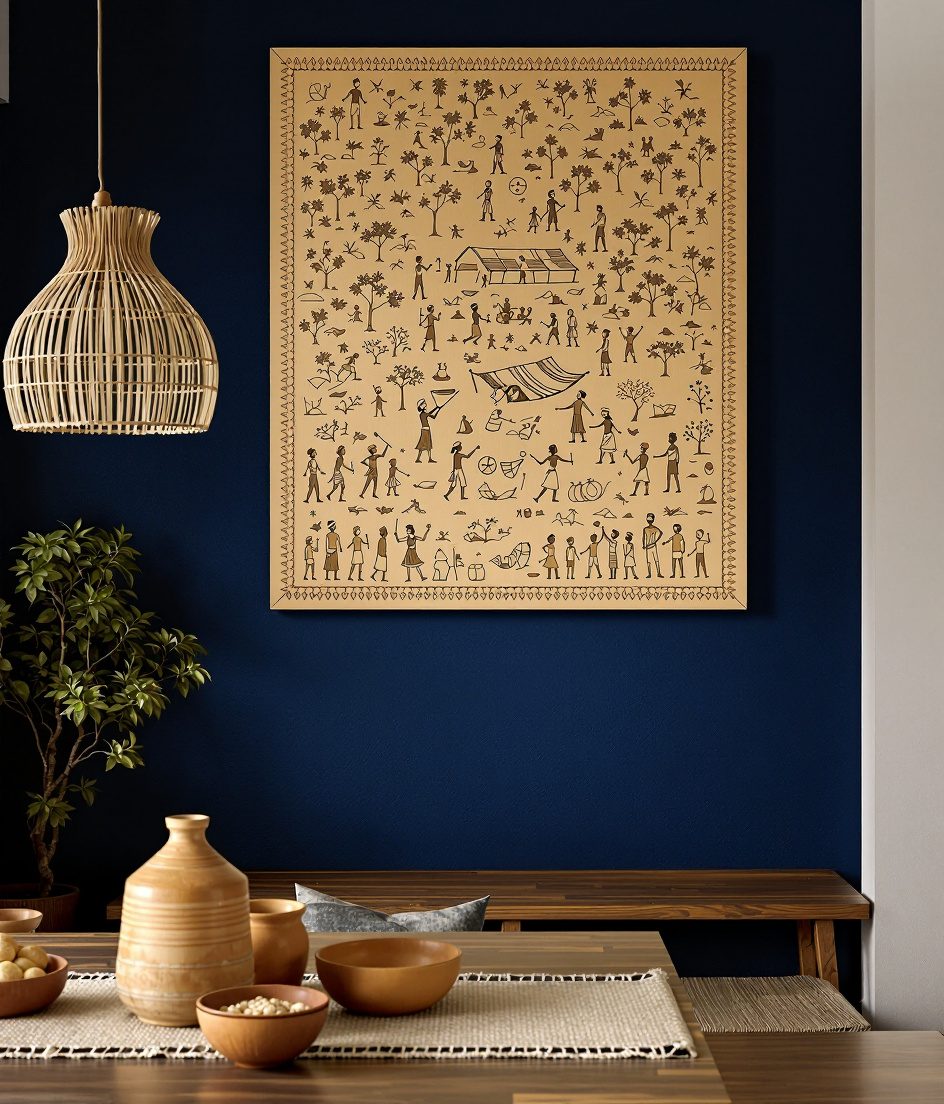 Warli Tribal Carved Wood Wall Panel — Navy Wall