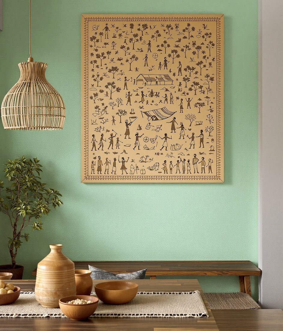 Warli Tribal Carved Wood Wall Panel — Sage Wall