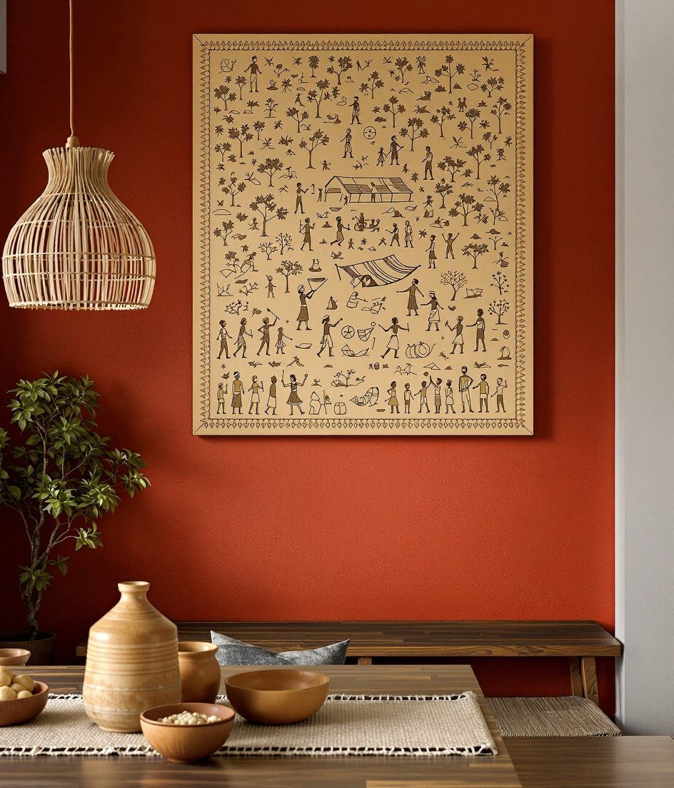 Warli Tribal Carved Wood Wall Panel — Terracotta Wall