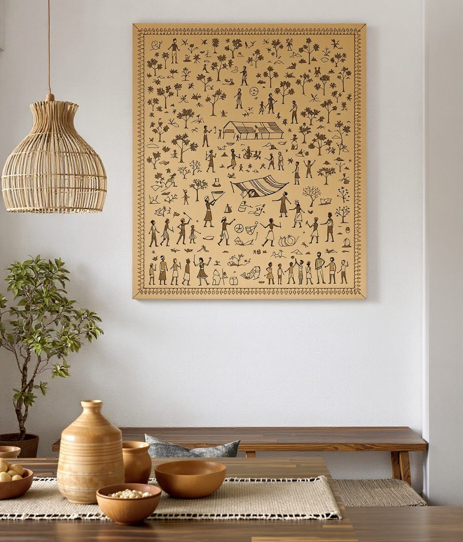 Warli Tribal Carved Wood Wall Panel — Warm White Wall