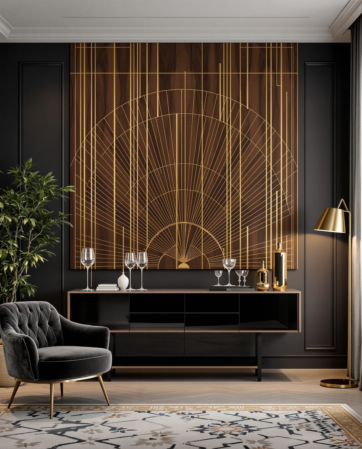 Wood and Brass Inlay Wall Panel — Charcoal Wall
