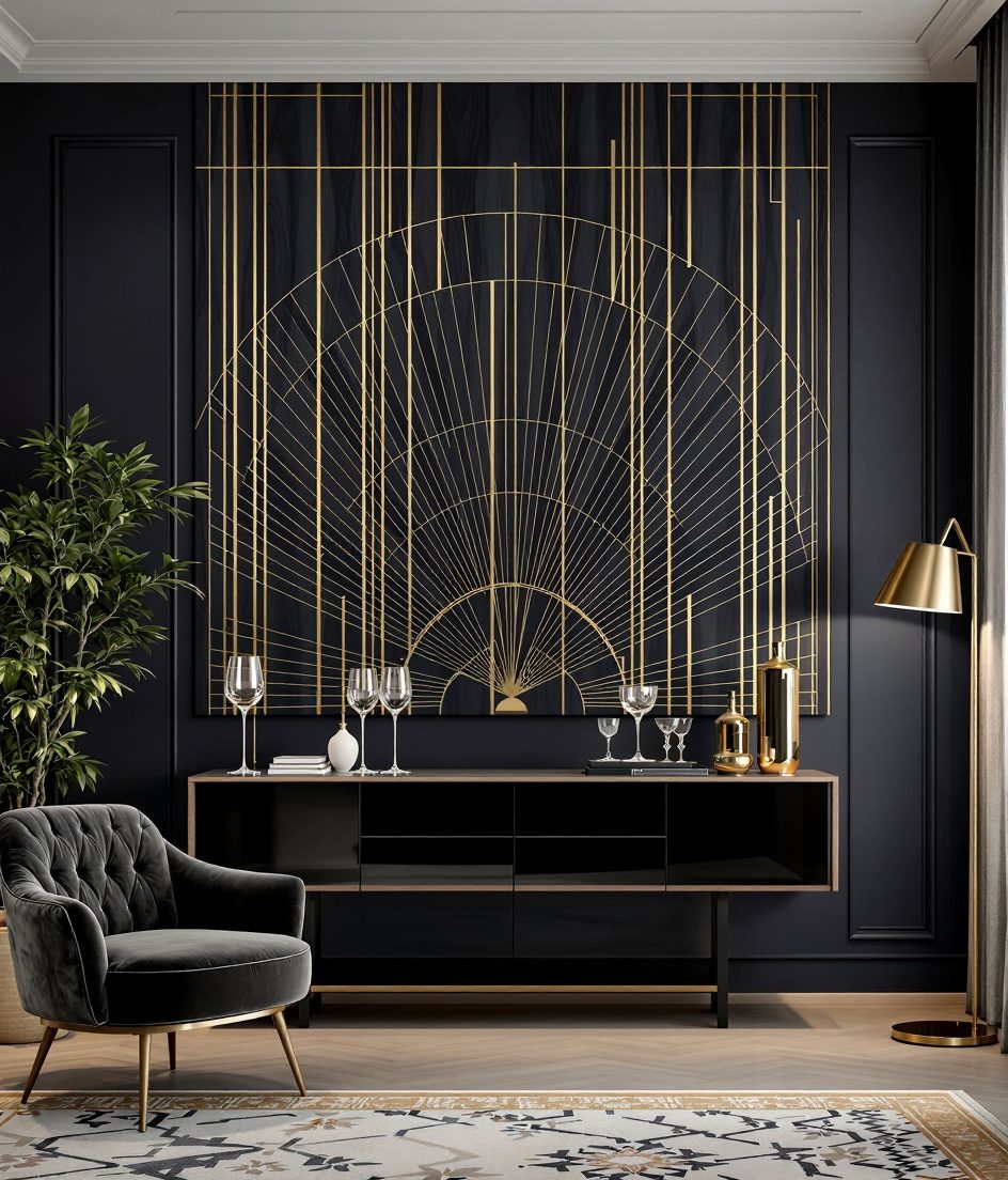 Wood and Brass Inlay Wall Panel — Navy Wall