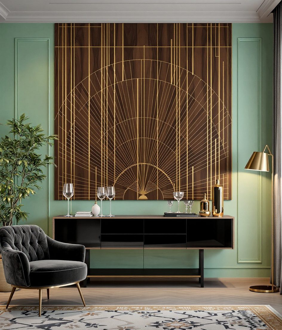 Wood and Brass Inlay Wall Panel — Sage Wall