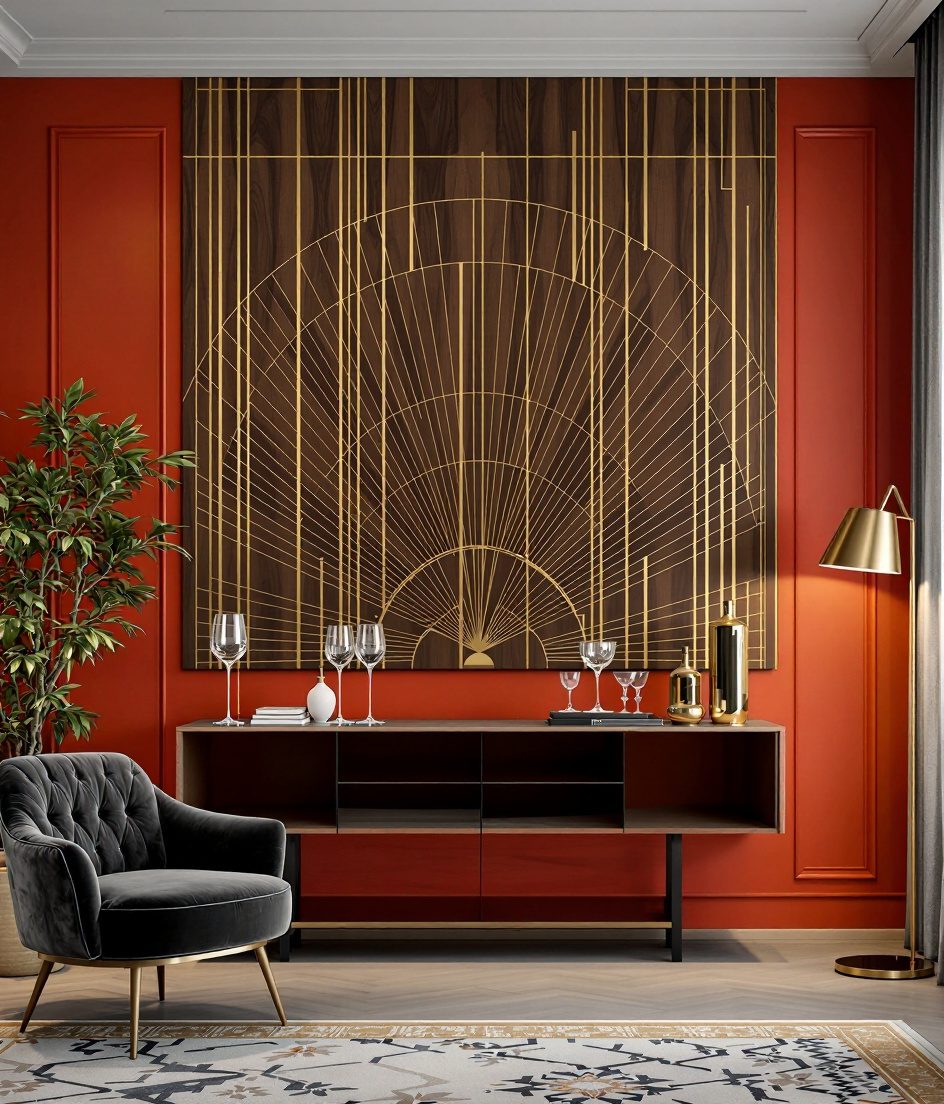 Wood and Brass Inlay Wall Panel — Terracotta Wall