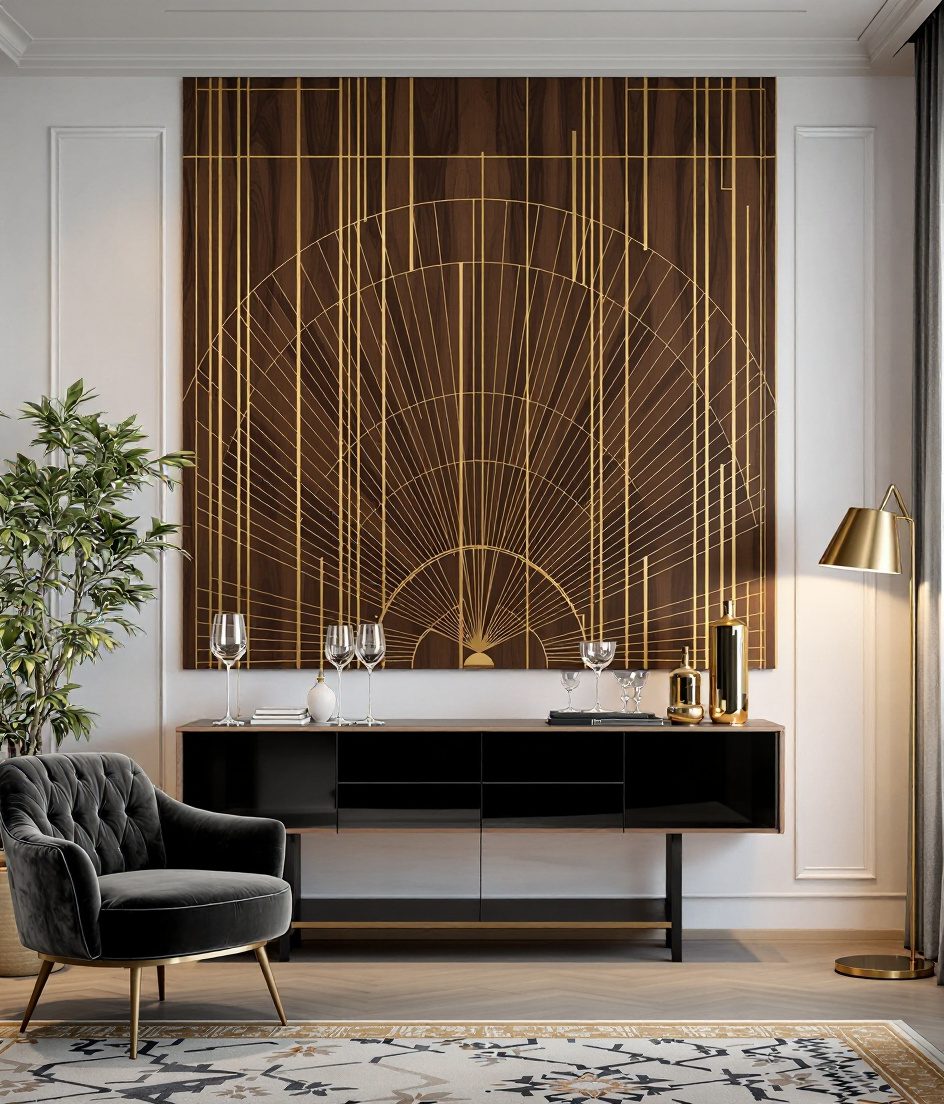 Wood and Brass Inlay Wall Panel — Warm White Wall