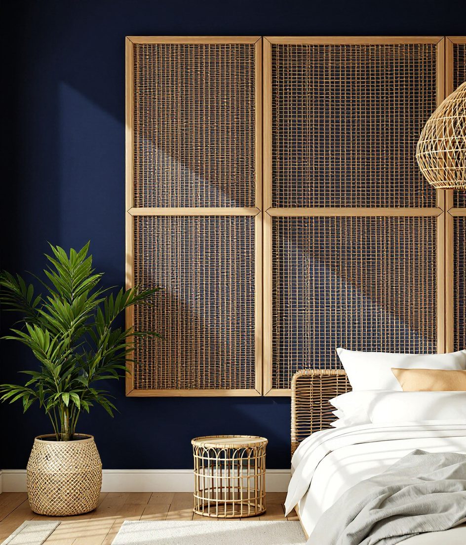 Wood and Rattan Wall Panel — Navy Wall