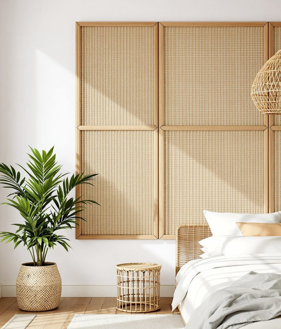Wood and Rattan Wall Panel — Warm White Wall