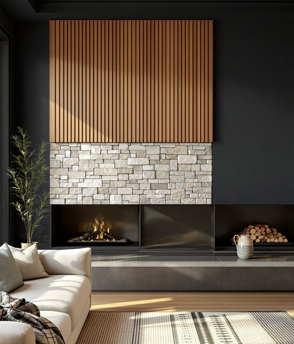 Wood and Stone Wall Panel — Charcoal Wall