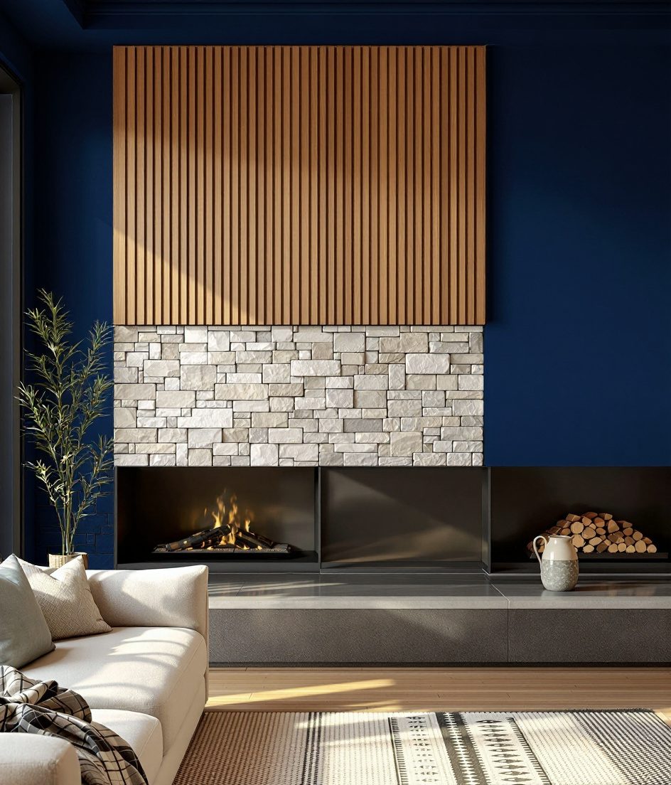 Wood and Stone Wall Panel — Navy Wall