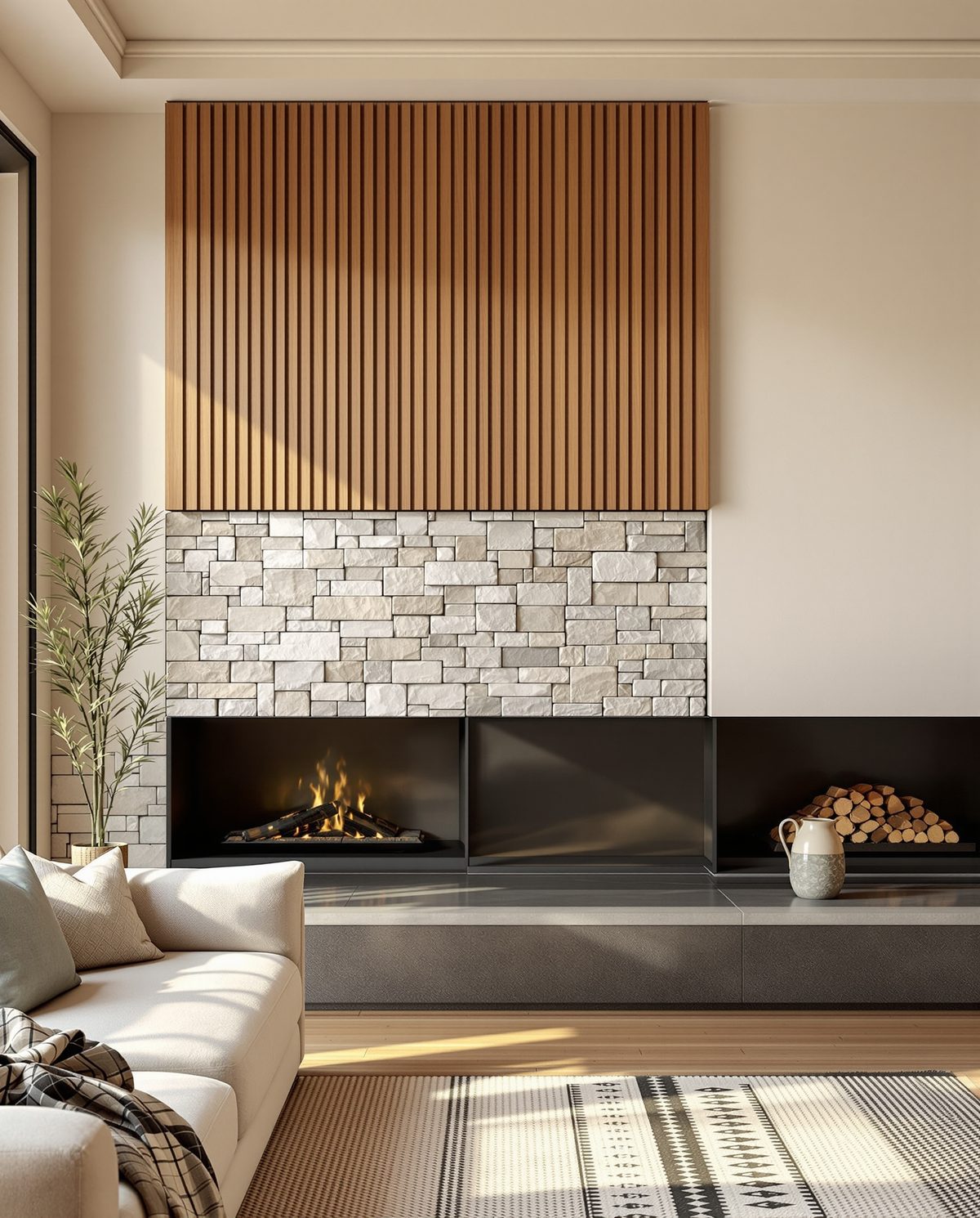 Wood and Stone Wall Panel — Warm White Wall