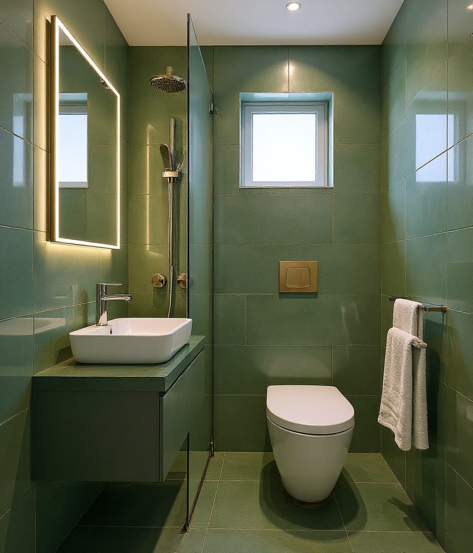 Compact 3×5 ft Bathroom — Sage & Brass