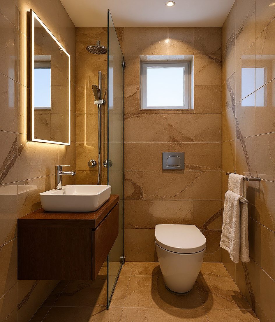 Compact 3×5 ft Bathroom — Walnut Classic