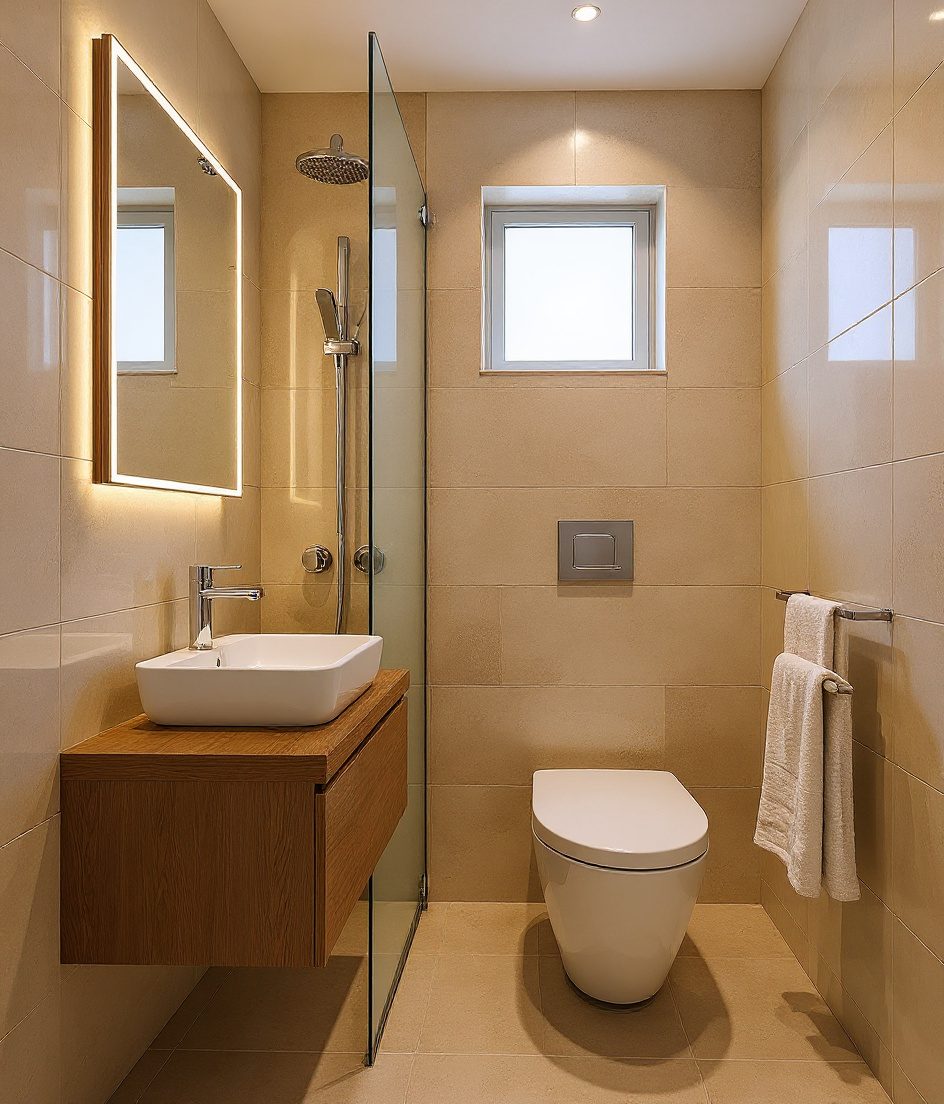 Compact 3×5 ft Bathroom — Warm Oak