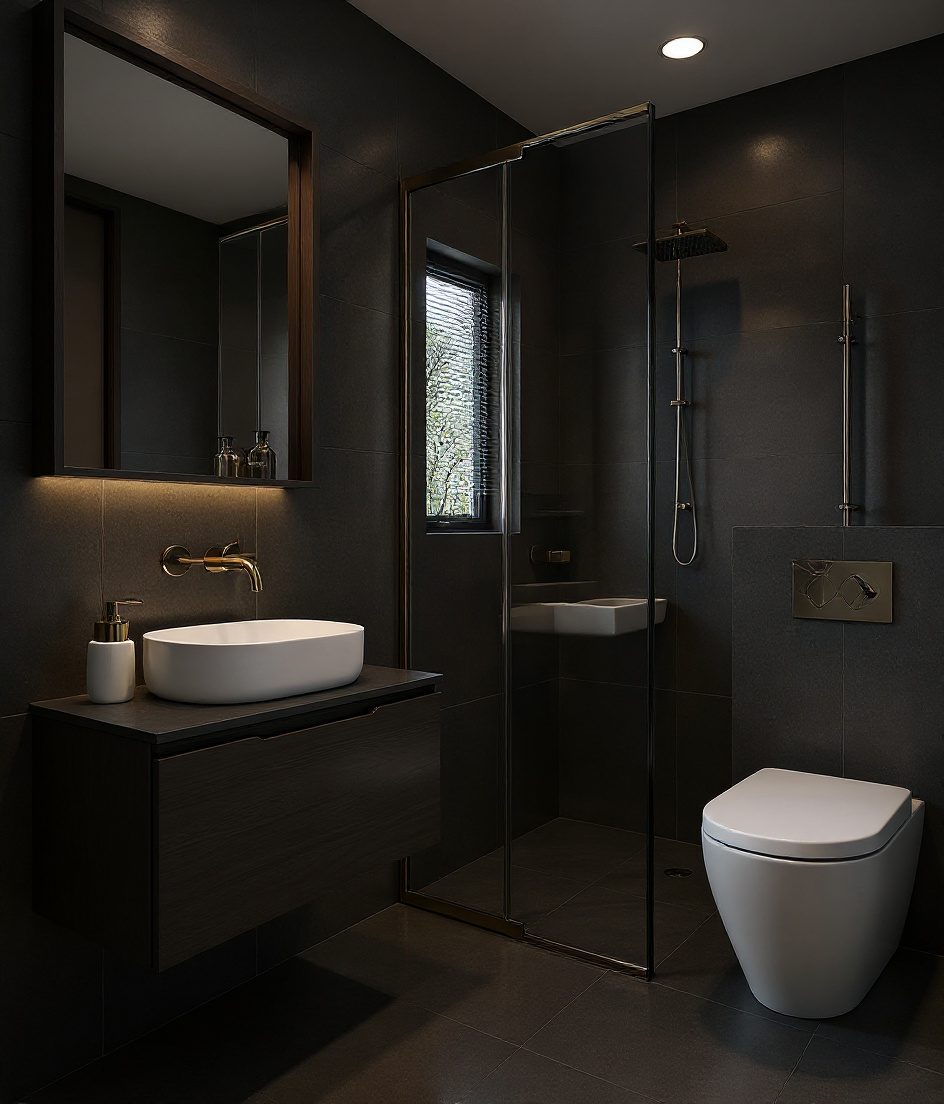 Compact 4×6 ft Flat Bathroom — Charcoal Minimal