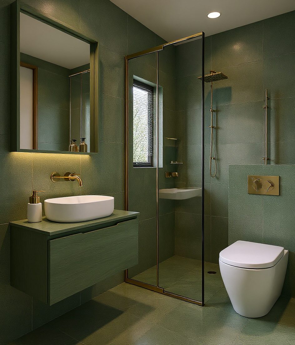 Compact 4×6 ft Flat Bathroom — Sage & Brass