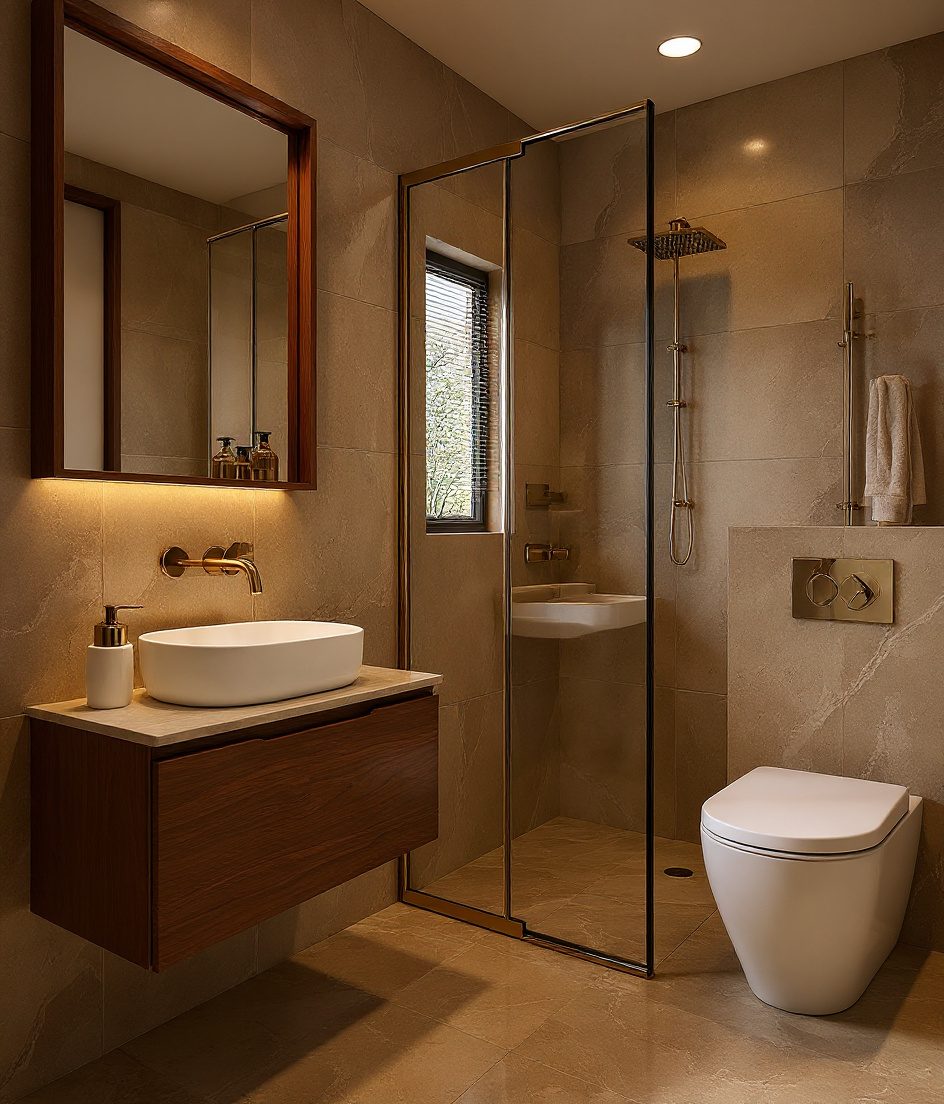 Compact 4×6 ft Flat Bathroom — Walnut Classic