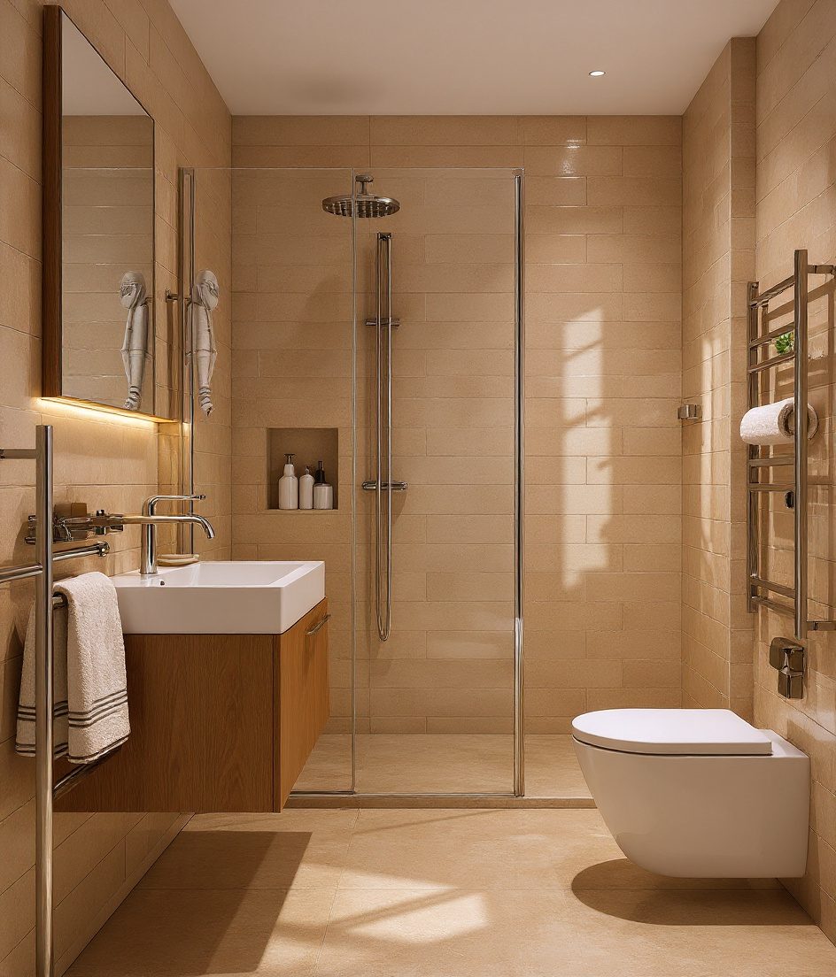 Smart Compact Family Bathroom — Warm Oak