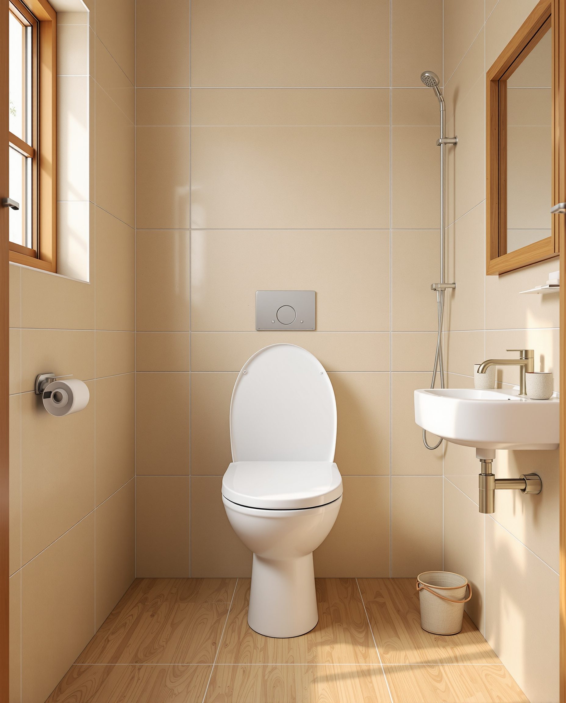 Compact Indian-Style WC Bathroom — Warm Oak