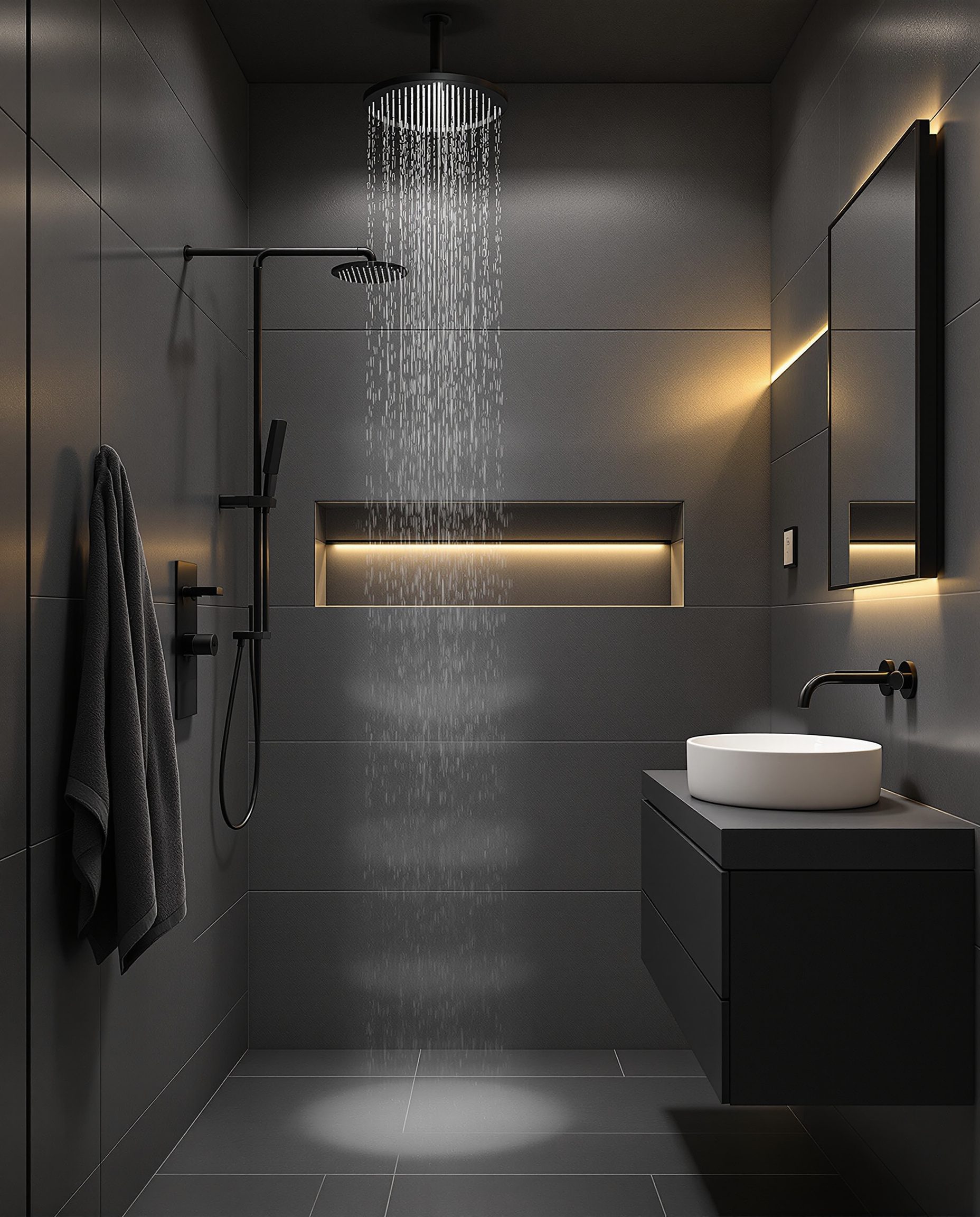 Compact Bathroom With Spa Shower Niche — Charcoal Minimal