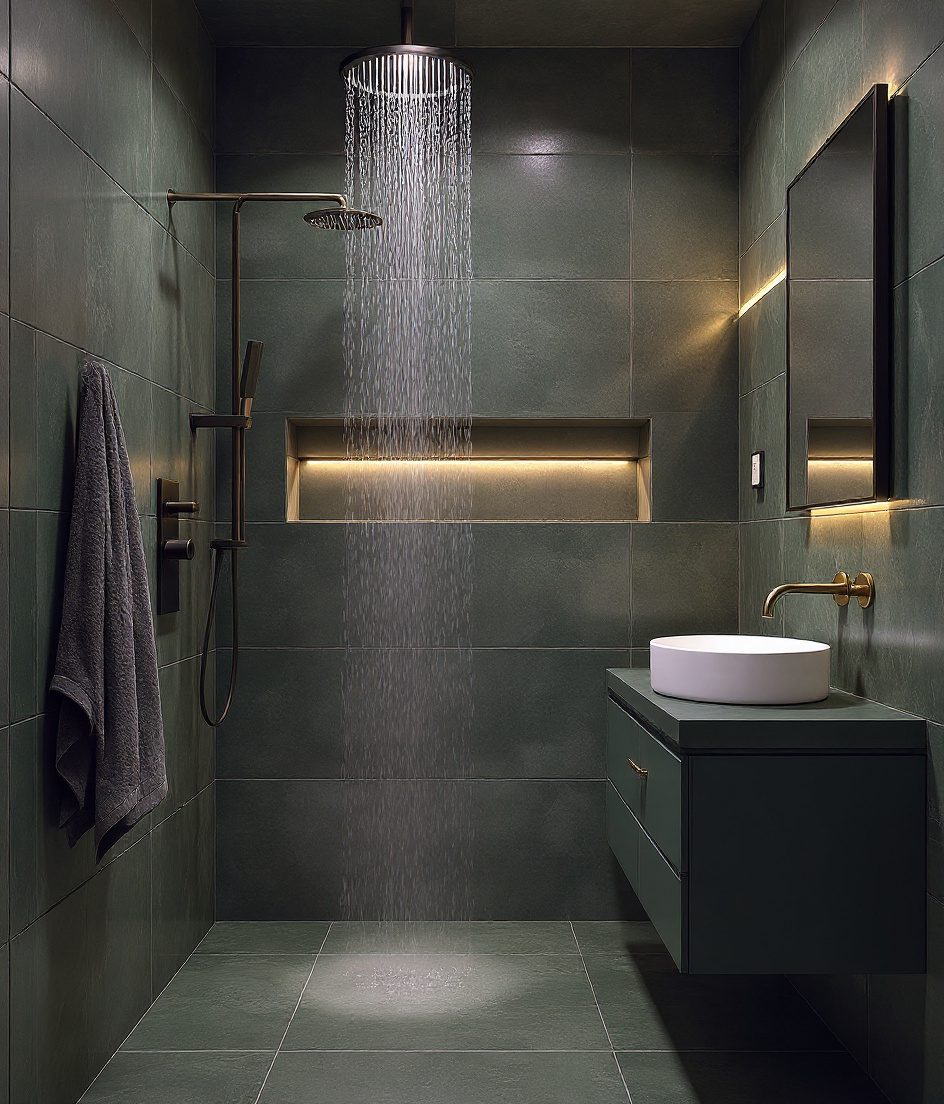 Compact Bathroom With Spa Shower Niche — Sage & Brass