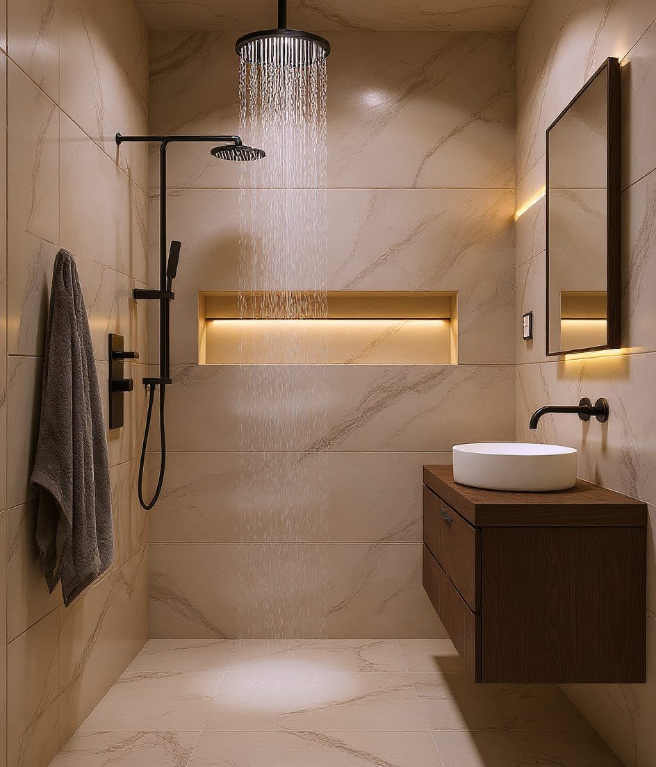 Compact Bathroom With Spa Shower Niche — Walnut Classic