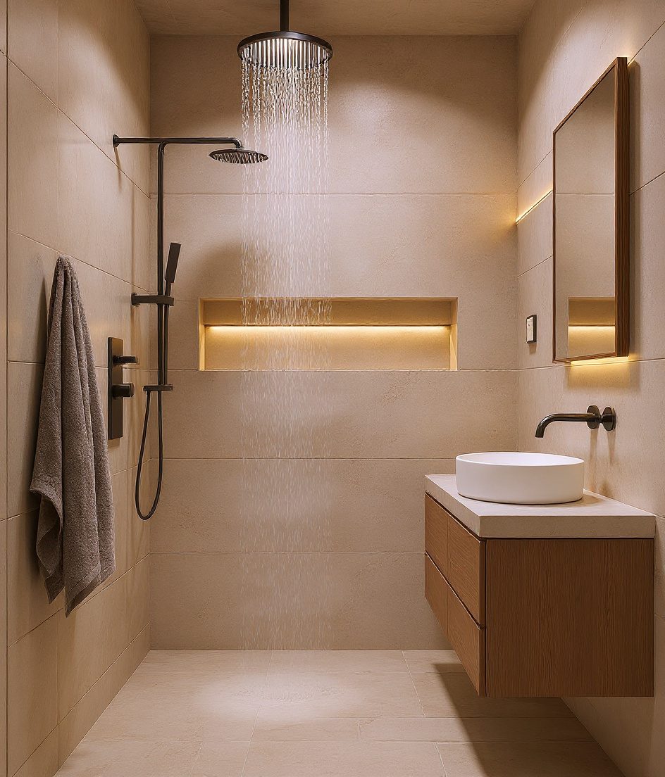 Compact Bathroom With Spa Shower Niche — Warm Oak
