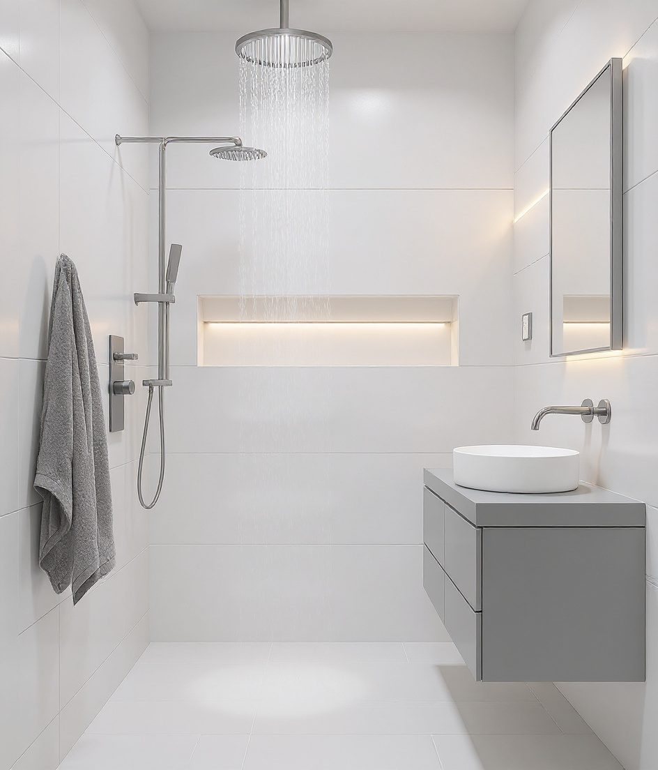 Compact Bathroom With Spa Shower Niche — White Modern