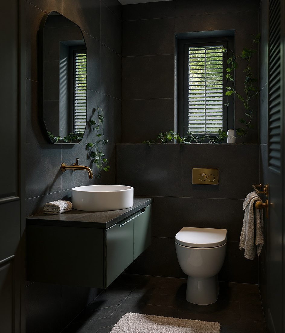 Compact Bathroom With Garden Window — Charcoal Minimal