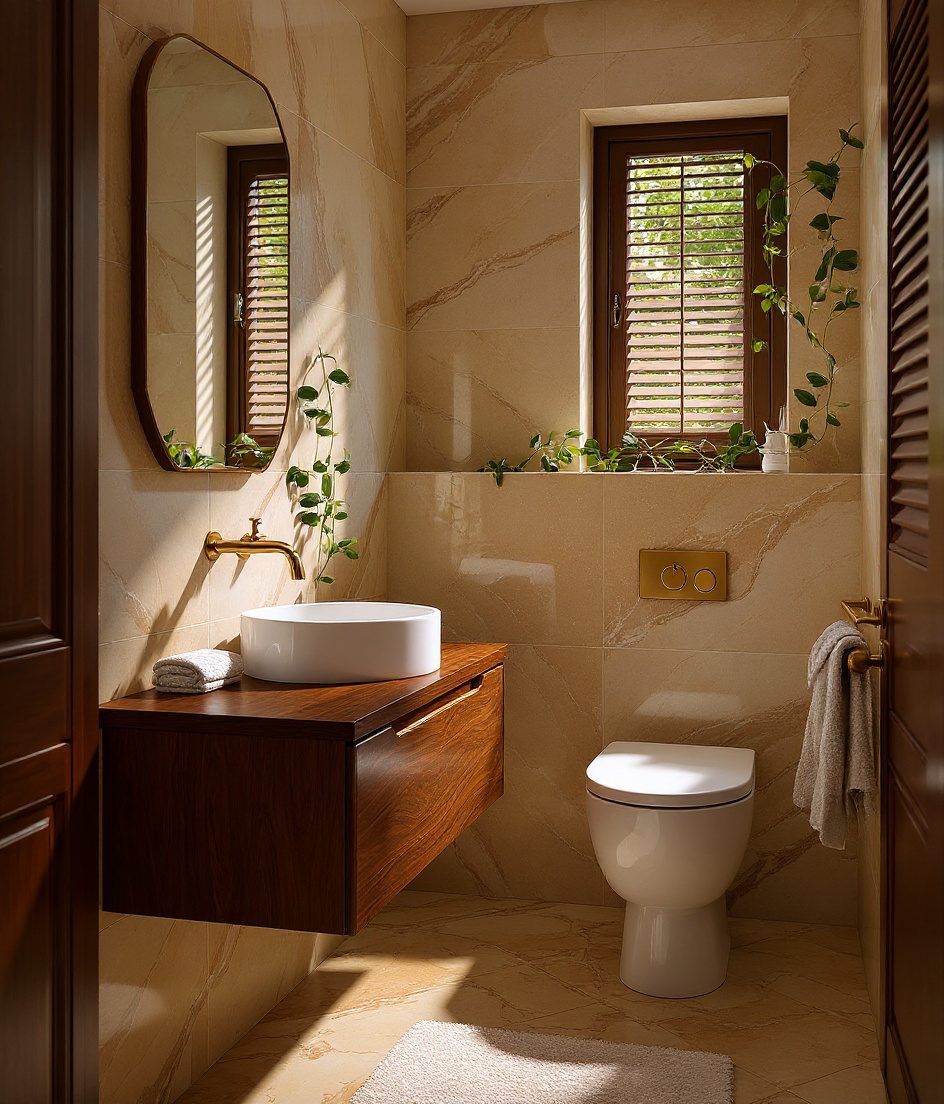 Compact Bathroom With Garden Window — Walnut Classic