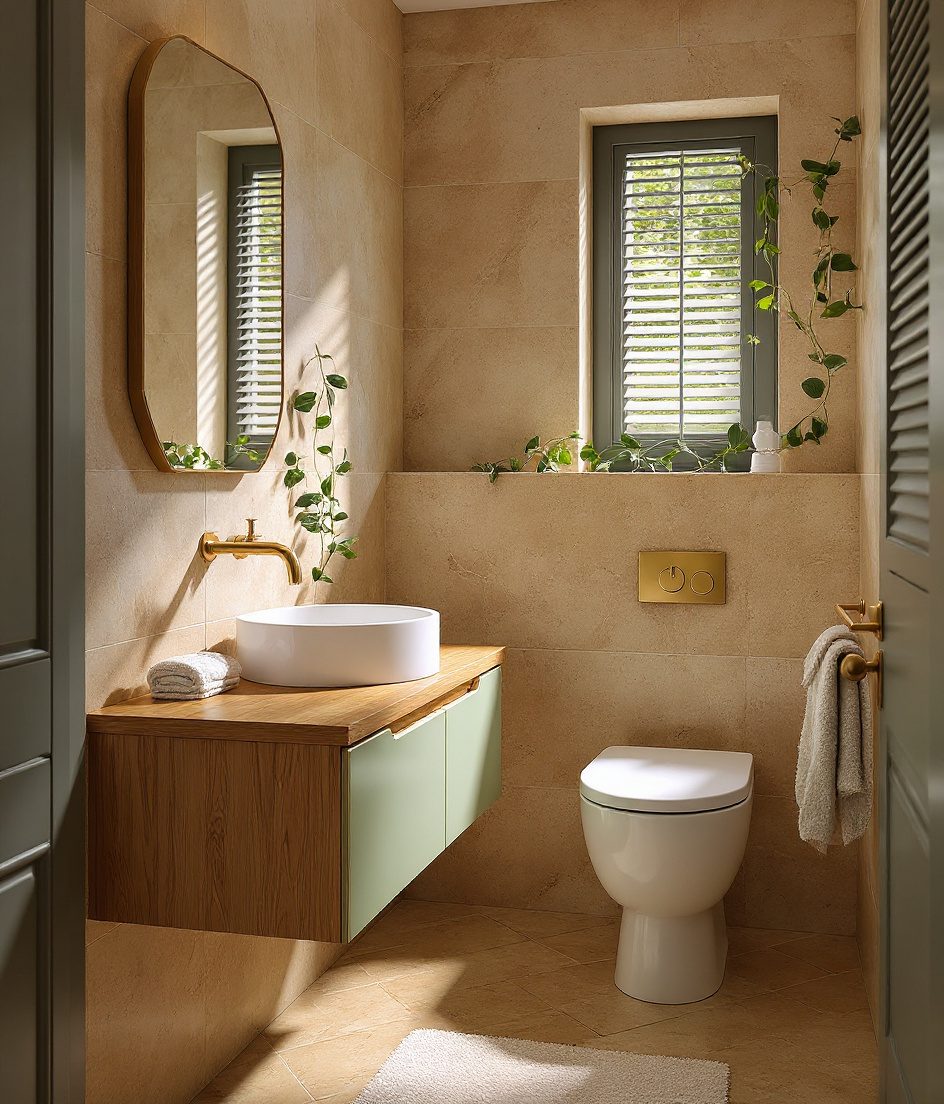Compact Bathroom With Garden Window — Warm Oak