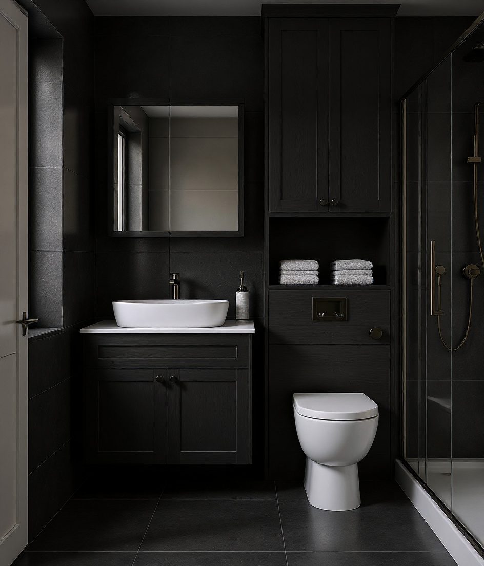 Family Bathroom With Full Storage Wall — Charcoal Minimal