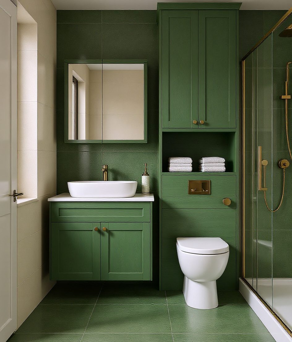 Family Bathroom With Full Storage Wall — Sage & Brass