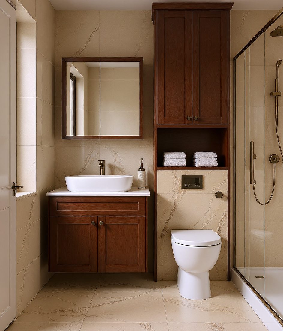 Family Bathroom With Full Storage Wall — Walnut Classic