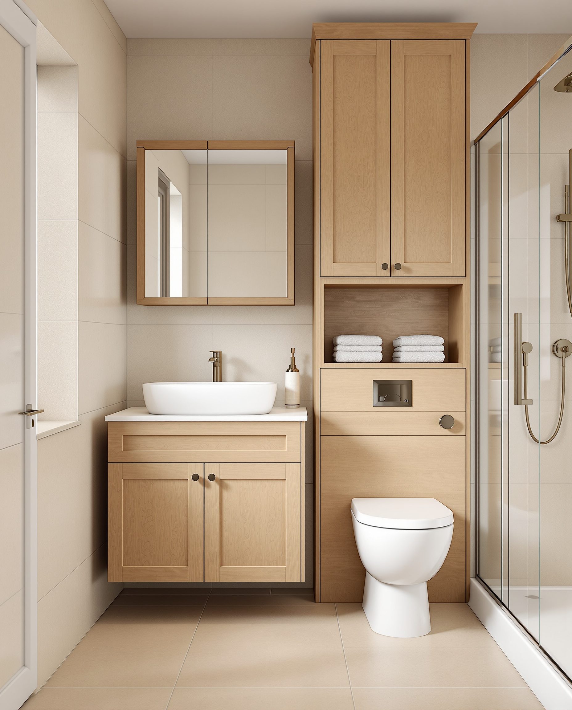Family Bathroom With Full Storage Wall — Warm Oak