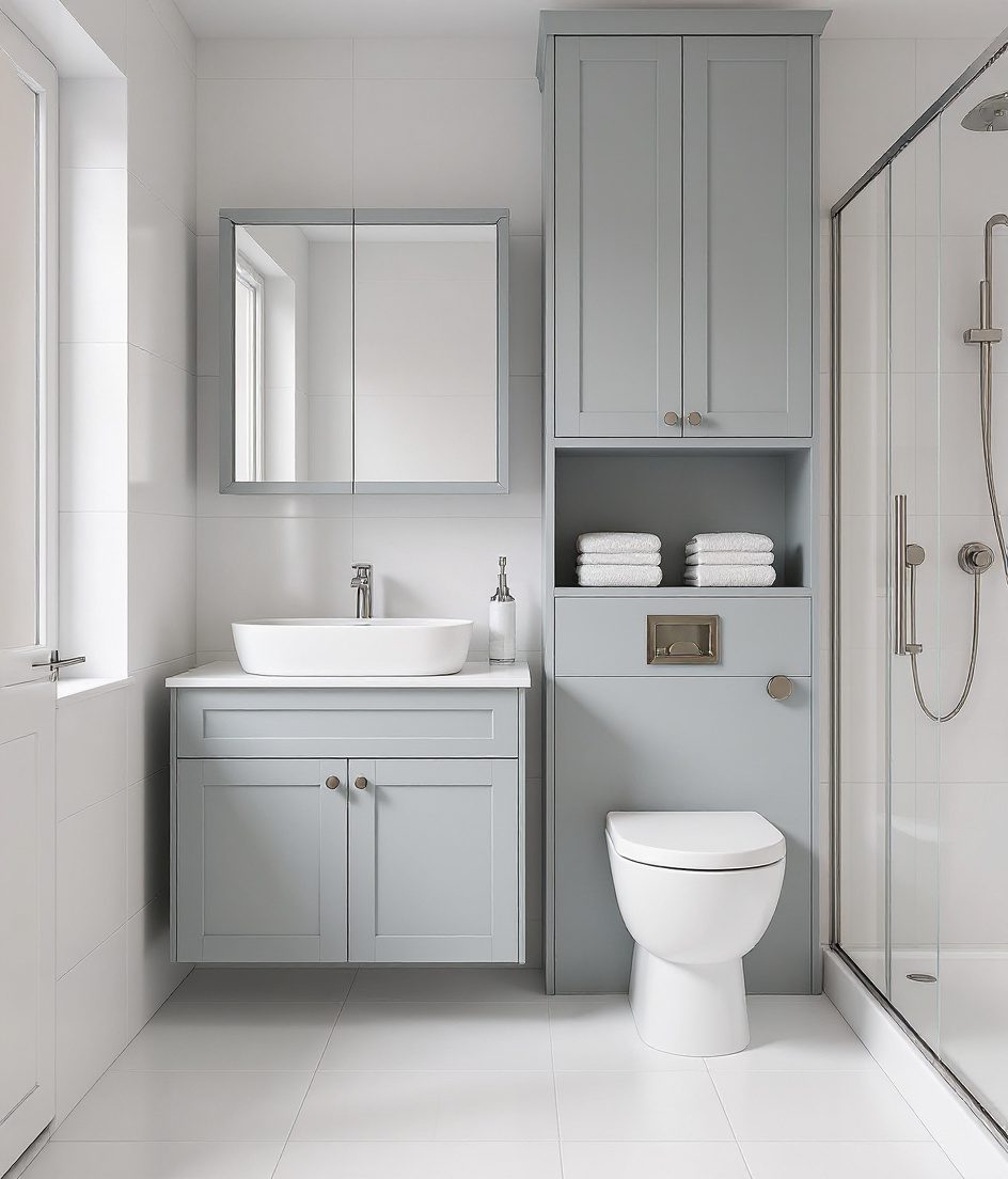 Family Bathroom With Full Storage Wall — White Modern