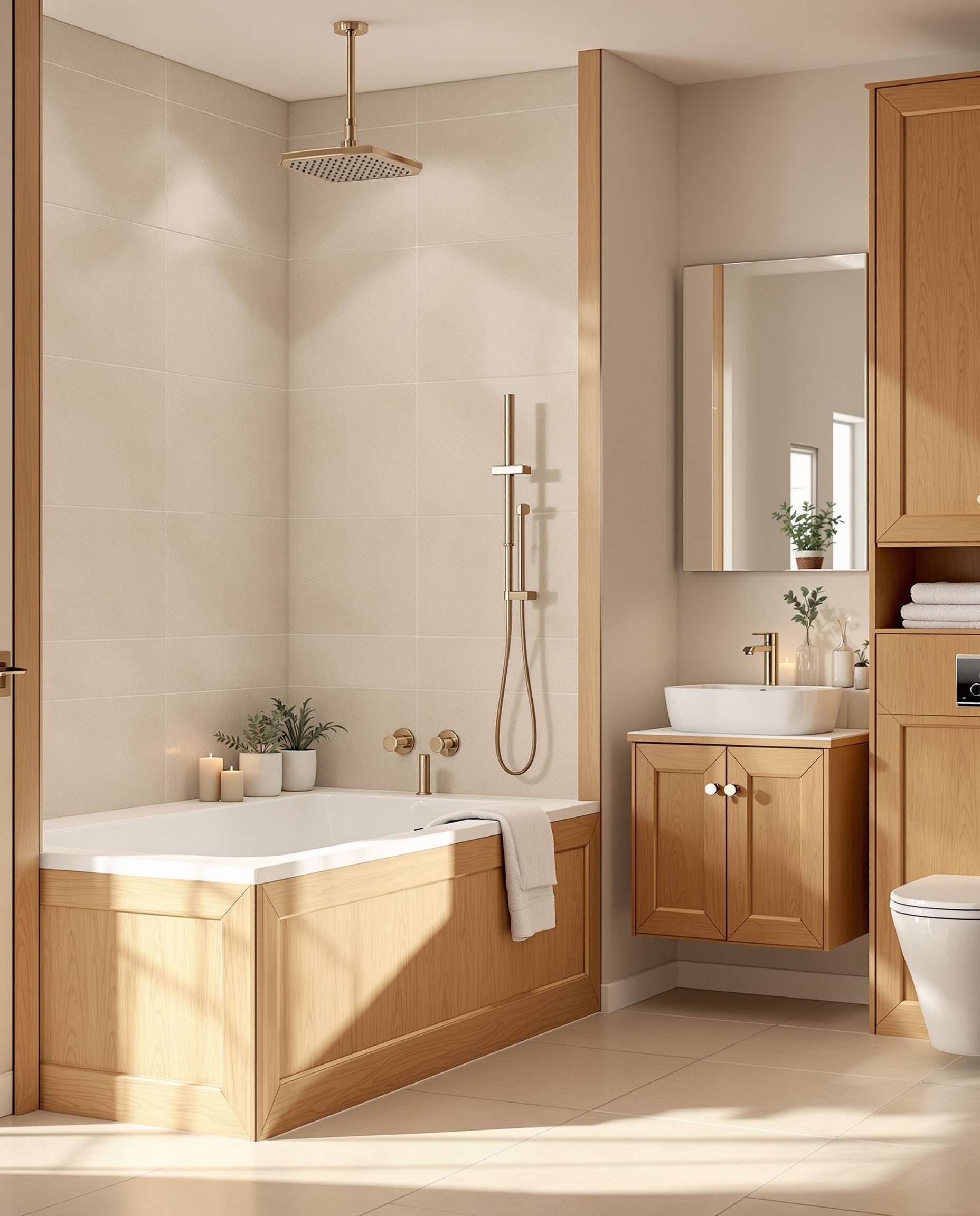 Family Bathroom With Bathtub & Shower — Warm Oak