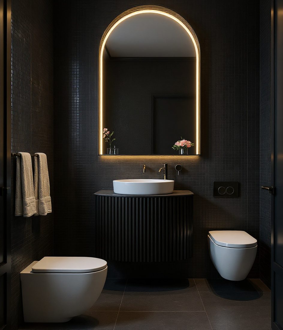 Bathroom With Arched Mirror & Fluted Vanity — Charcoal Minimal