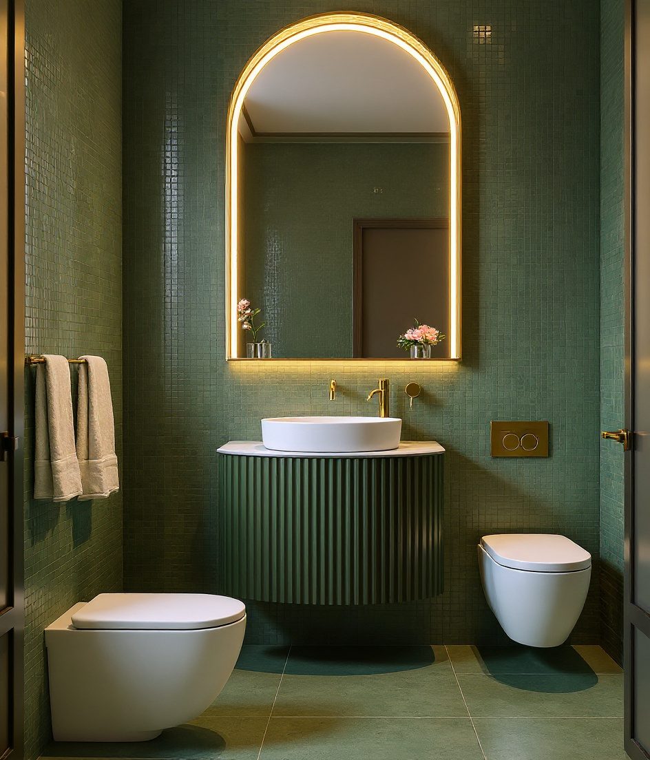 Bathroom With Arched Mirror & Fluted Vanity — Sage & Brass
